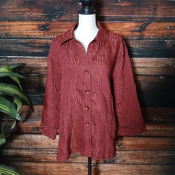 NEW Drapers & Damons Top Blouse 2X Burgundy Wine Crinkle Button Up Cuffed Sleeve - Picture 2 of 10